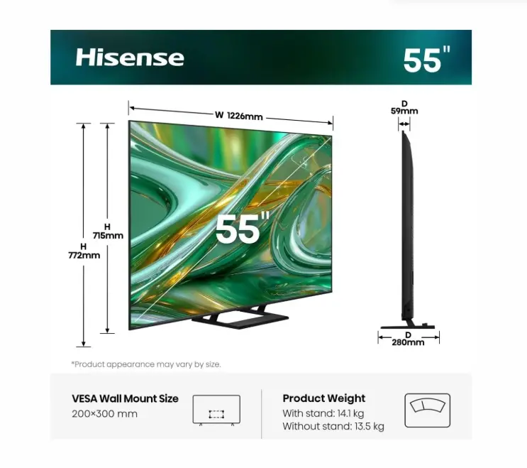 Телевизор, Hisense 55" E8S, 4K Ultra HD 3840x2160, ULED, Quantum Dot,144 Hz,HDR 10+, HLG, Dolby Vision, DTS Virtual X, Smart TV, WiFi, Light Sensor, BT, Anyview Cast, 4xHDMI, 2xUSB, LAN, CI+, DVB-T2/C/S2, Singale Stand, Black - image 1