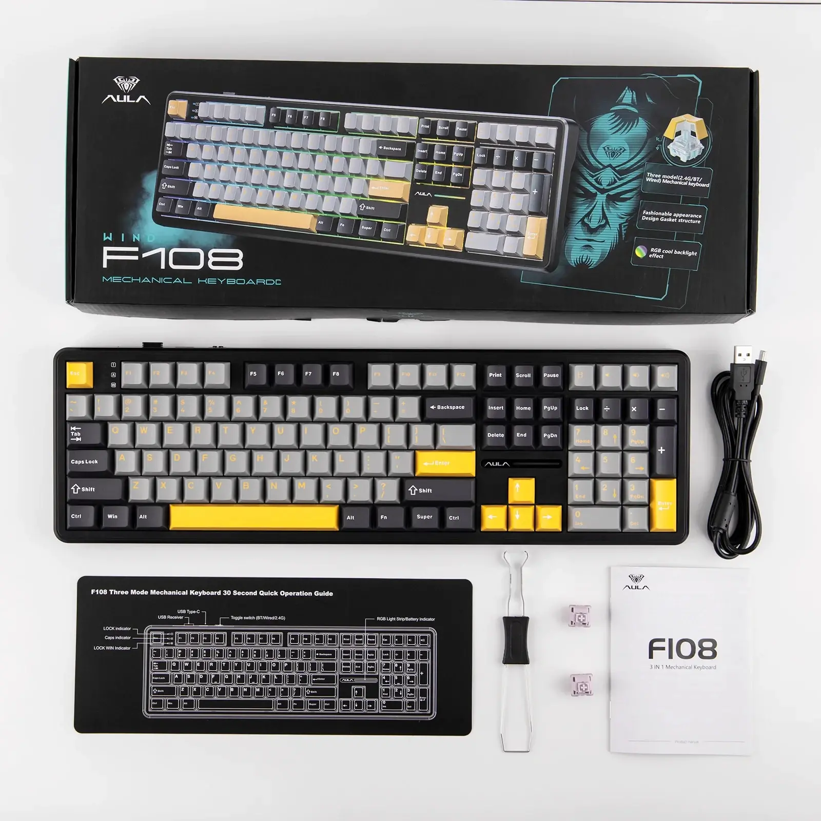 Aula геймърска механична клавиатура Wireless Gaming Mechanical Keyboard F108 - Volcanic Switch [Linear] (English US), Black, Gray - image 15