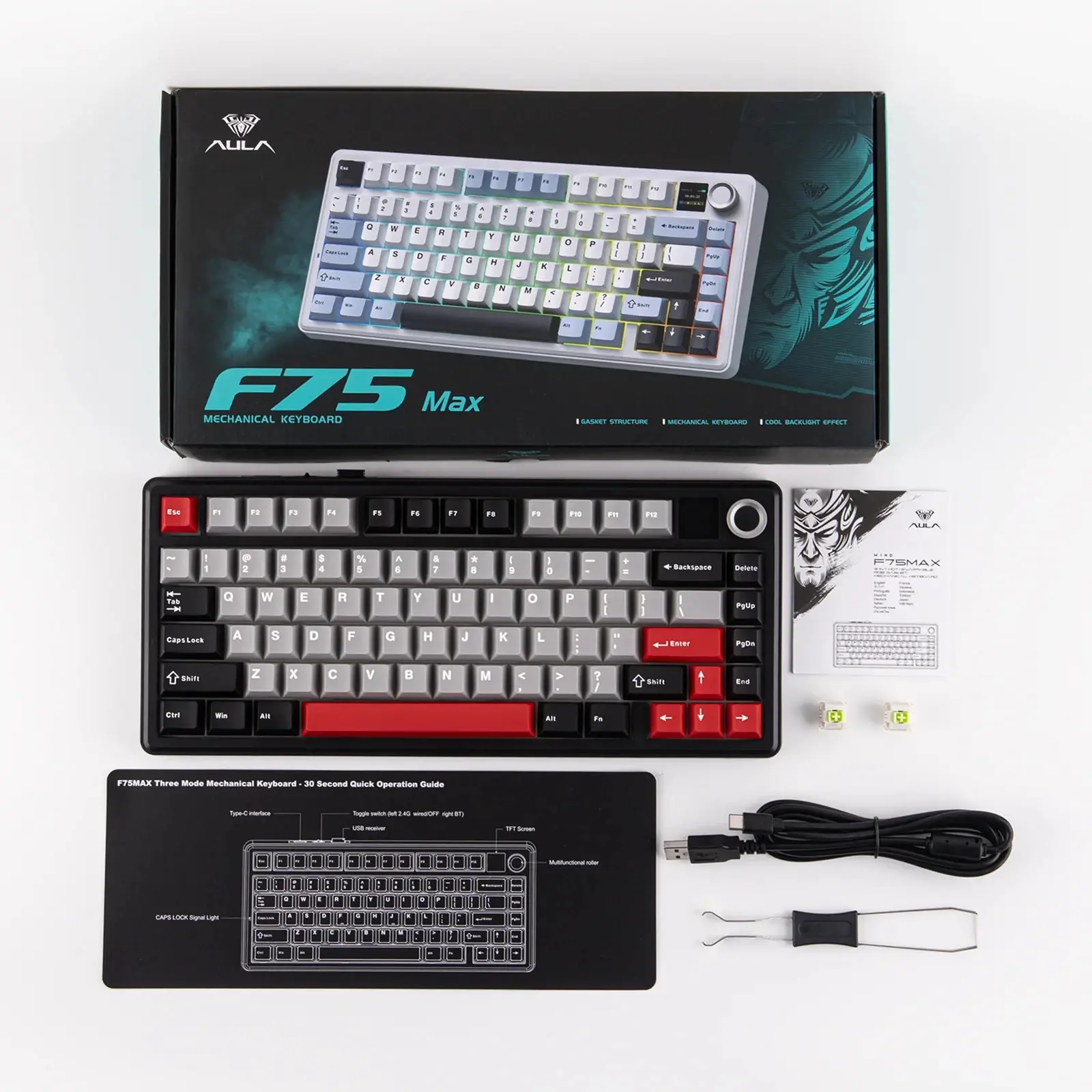 Aula геймърска механична клавиатура Wireless Gaming Mechanical Keyboard F75 MAX - Reaper Switch [Linear] (English US), Black, Red - image 15