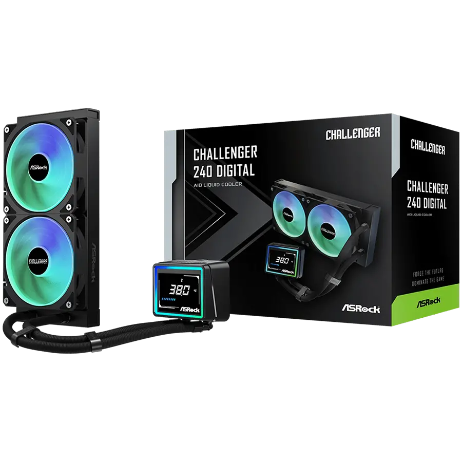 Asrock Challenger 240 Digital, AiO liquid cooler, ARGB, Digital display, 240 mm radiator, AM5, AM4, LGA1851, LGA1700, 90-ACLA36-BAAGA6, Black, 6Y