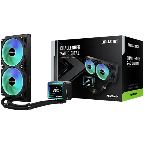 Asrock Challenger 240 Digital, cooler cu lichid AiO, ARGB, afișaj digital, radiator 240 mm, AM5, AM4, LGA1851, LGA1700, 90-ACLA36-BAAGA6, negru, 6 ani - 1