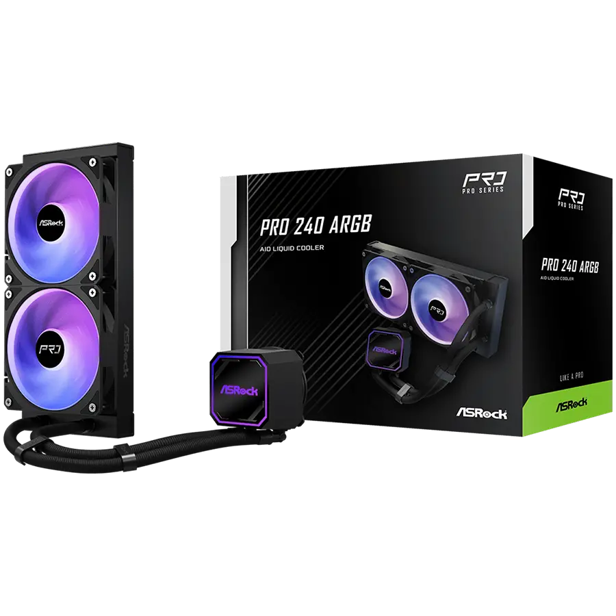 Asrock Pro 240 ARGB, cooler lichid AiO, radiator de 240 mm, AM5, AM4, LGA1851, LGA1700, 90-APRA36-BAAGA6, Negru, 6Y