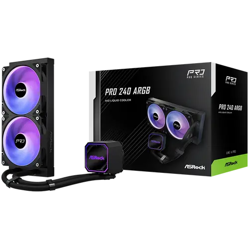 Asrock Pro 240 ARGB, cooler lichid AiO, radiator de 240 mm, AM5, AM4, LGA1851, LGA1700, 90-APRA36-BAAGA6, Negru, 6Y - 1