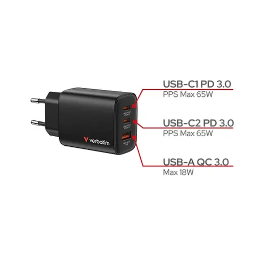 Зарядно устройство, Verbatim Essentials GaN Charger 65W EU plug Black - image 4