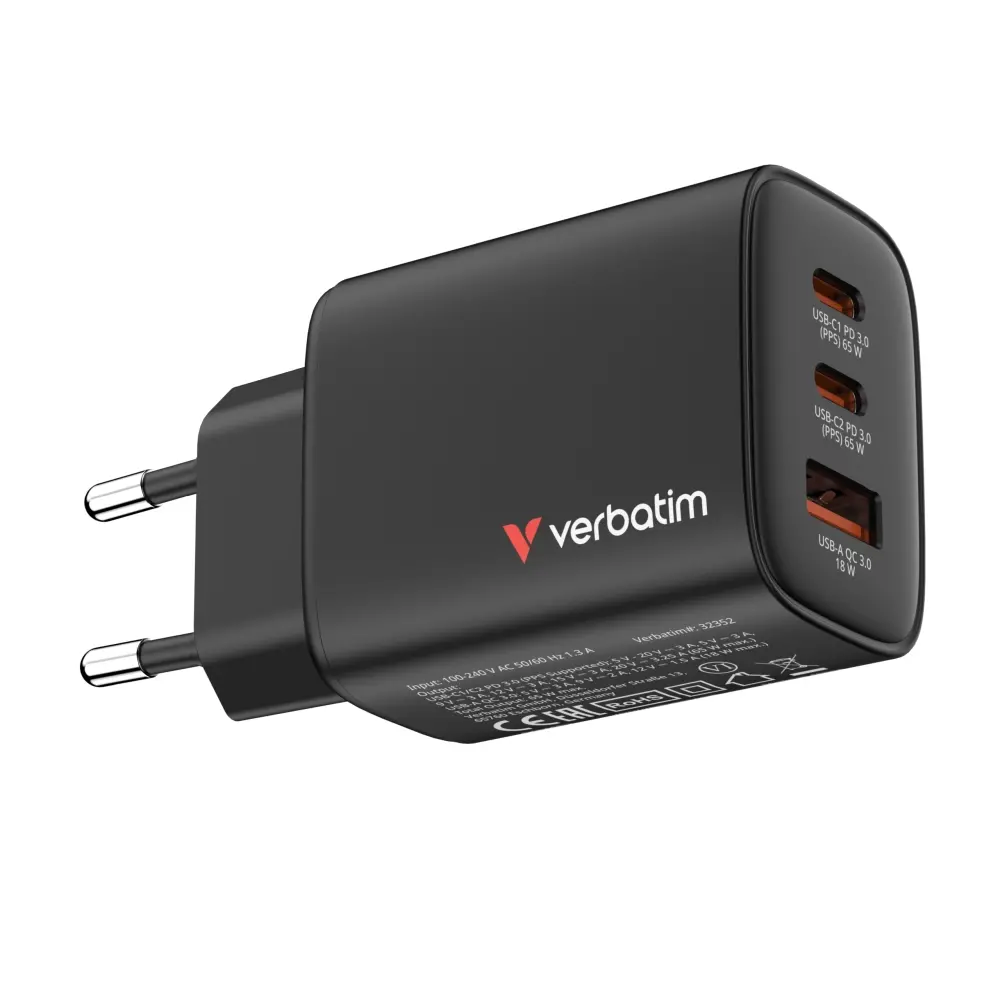 Зарядно устройство, Verbatim Essentials GaN Charger 65W EU plug Black - image 5