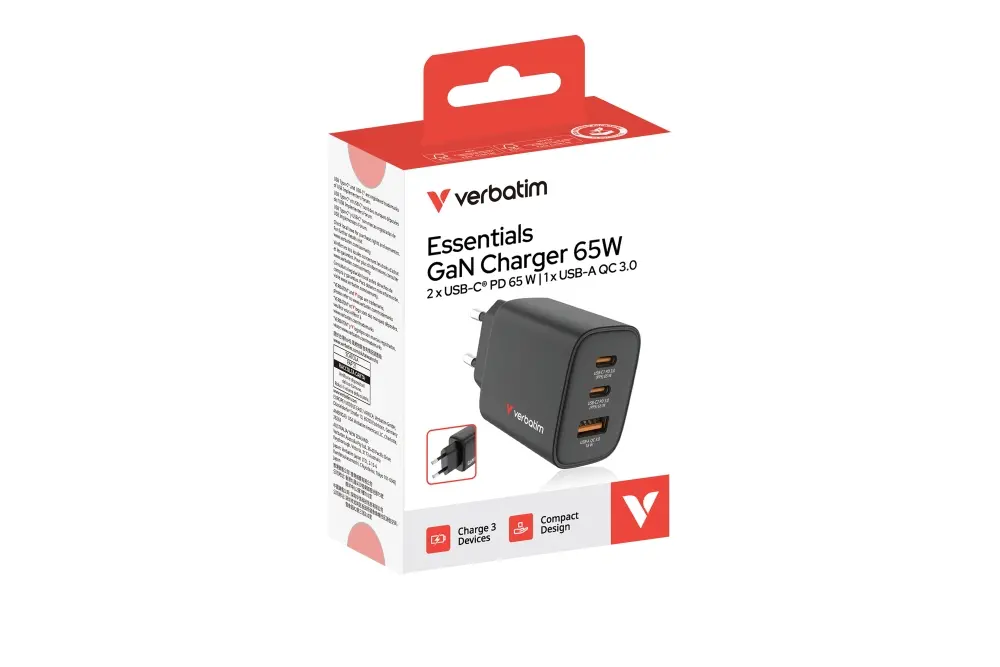Зарядно устройство, Verbatim Essentials GaN Charger 65W EU plug Black - image 7