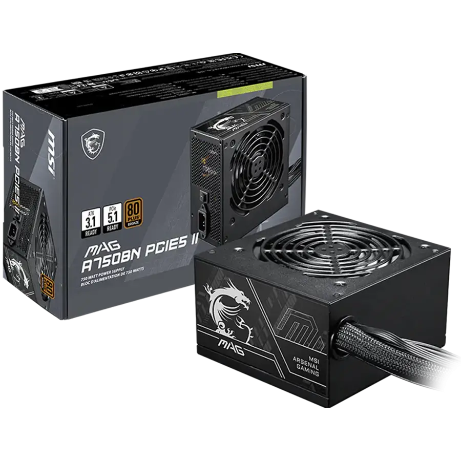 MSI MAG A750BN PCIE5 II, 750W, 80 Plus Bronze, 120mm Low Noise Fan, Protections: OVP/OCP/SCP/OPP/UVP, Dimensions: 140mmx150mmx86mm, 5Y Warranty
