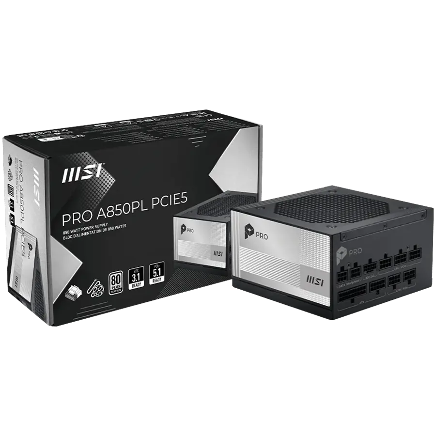 MSI PRO A850PL PCIE5, 850W, 80 Plus Platinum, 120mm Fluid Dynamic Bearing Fan, Protections: OCP/OTP/OPP/SCP/OVP/UVP/SIP/NLO, Dimensions: 150mmx150mmx86mm, 7Y Warranty