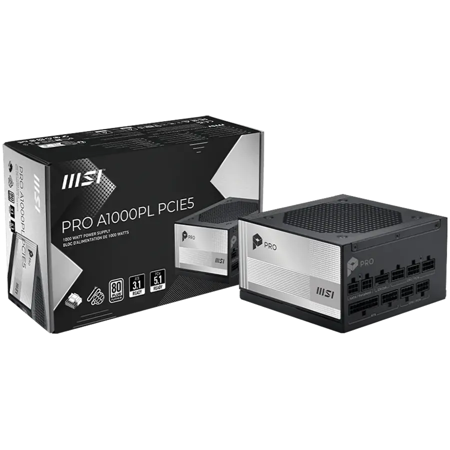 MSI PRO A1000PL PCIE5, 1000W, 80 Plus Platinum, 120mm Fluid Dynamic Bearing Fan, Protections: OCP/OTP/OPP/SCP/OVP/UVP/SIP/NLO, Dimensions: 150mmx150mmx86mm, 7Y Warranty