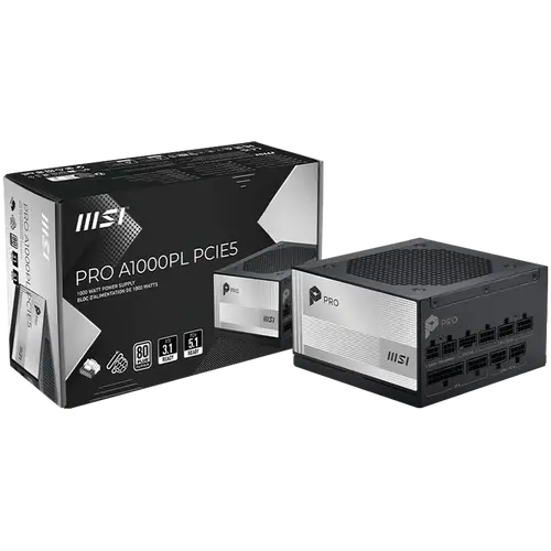 MSI PRO A1000PL PCIE5, 1000W, 80 Plus Platinum, 120mm Fluid Dynamic Bearing Fan, Protections: OCP/OTP/OPP/SCP/OVP/UVP/SIP/NLO, Dimensions: 150mmx150mmx86mm, 7Y Warranty - 1
