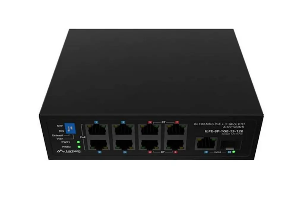 Комутатор, Lanberg Switch ILFE-8P-1Ge-1S-120 POE 4 x BT 4 x AT SFP/ETH DIN Unmanagment Fast Ethernet - image 1