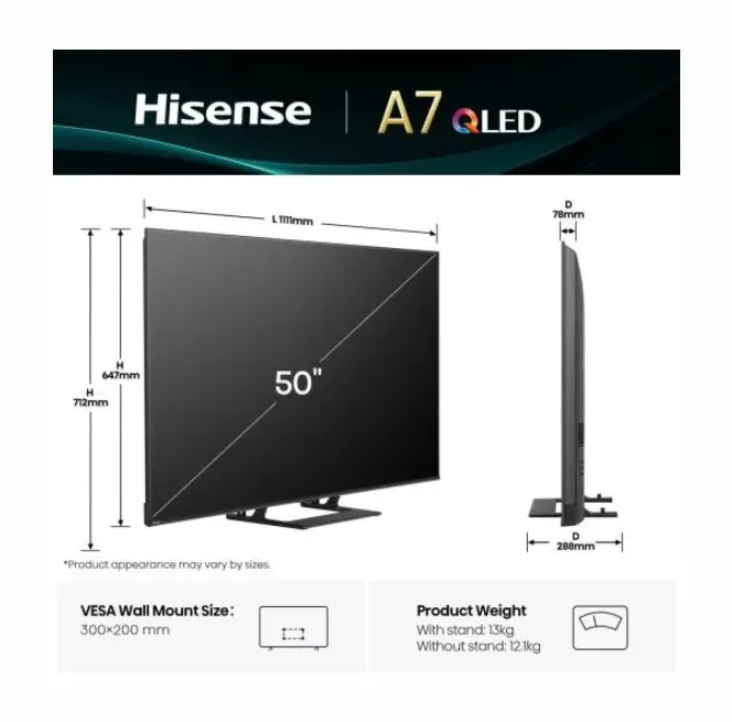 Телевизор, Hisense 50" A7Q, 4K Ultra HD 3840x2160, QLED, FALD, Quantum Dot, HDR 10+, HLG, Dolby Vision, Dolby Atmos, Smart TV, WiFi 5GHz, WiFi Direct, BT, Anyview Cast, 3xHDMI, 2xUSB, LAN, CI+, DVB-T2/C/S2, Black - image 1