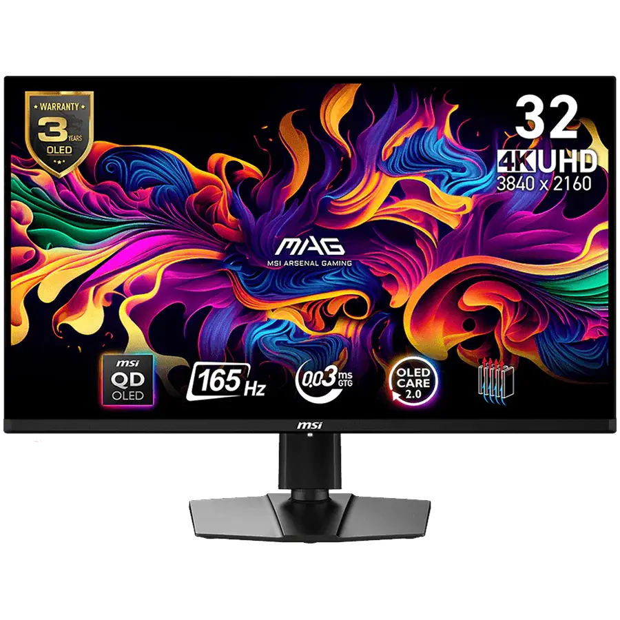 MSI MAG 321UP QD-OLED Gaming Monitor, 31.5" 165Hz, UHD (3840x2160) 16:9, QD-OLED Anti-Reflection, 0.03ms, 250nits, 1500000:1, 178/178, AMD FreeSync Premium Pro, DisplayHDR True Black 400, Adjustable Stand, 1x DP, 2xHDMI, 1xType-C, 1xHeadphone out, 3Y