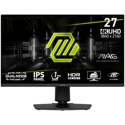MSI MAG 275UPD E14 Gaming Monitor, 27" 144Hz, UHD (3840x2160) 16:9, Dual Mode (1920x1080 - up to 288Hz), IPS, 1ms, 250nits, 1500:1, 178/178, AMD FreeSync Premium, HDR Ready, Adjustable stand, Speakers, 1x DP, 2x HDMI, 1x Headphone out, 3Y Warranty