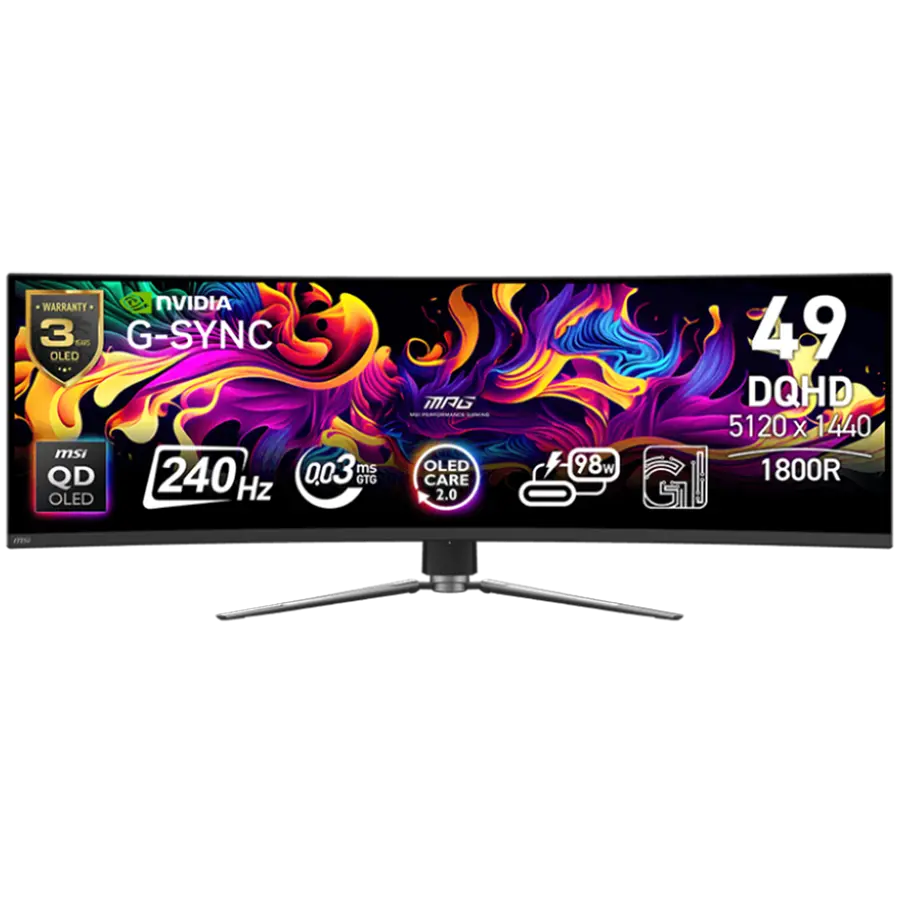 MSI MPG 491CQPX QD-OLED Monitor Gaming, 49" 240Hz, DQHD (5120x1440) 32:9, QD-OLED, 0.03ms, 250nits, 3500:1, 178/178, curbură 1800R, G-Sync Compatible