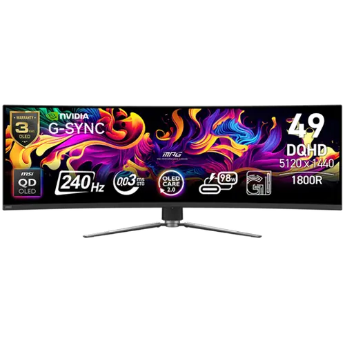 MSI MPG 491CQPX QD-OLED Gaming Monitor, 49" 240Hz, DQHD (5120x1440) 32:9, QD-OLED, 0.03ms, 250nits, 3500:1, 178/178, 1800R Curve, G-Sync Compatible, HDR True Black 400, Adjustable Stand, 1x DP, 2x HDMI, 1x Type-C, 1x Headphone out, USB, 3Y Warranty MSI MPG 491CQPX QD-OLED Gaming Monitor, 49" 240Hz, DQHD (5120x1440) 32:9, QD-OLED, 0.03ms, 250nits, 3500:1, 178/178, 1800R Curve, G-Sync Compatible, HDR True Black 400, Adjustable Stand, 1x DP, 2x HDMI, 1x Type-C, 1x Headphone out, USB, 3Y Warranty