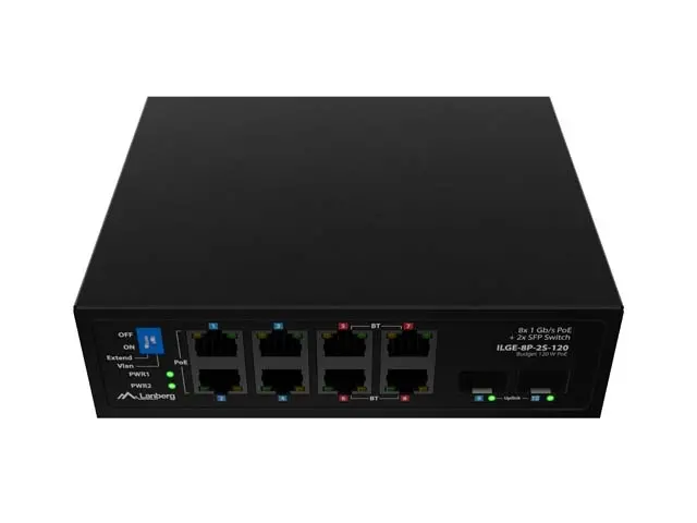 Комутатор, Lanberg Switch ILGE-8P-2S-120 POE 4 x BT 4 x AT 2 x SFP DIN Unmanagment Gigabit Ethernet - image 2