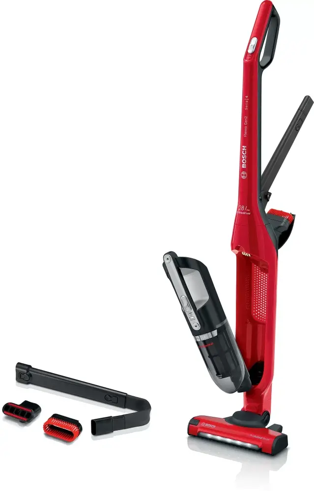 Прахосмукачка, Bosch BBH3ZOO28, Cordless Handstick Vacuum cleaner 2 in 1 Flexxo Gen2 ProAnimal, Serie 4, 28V, 82 dB(A), ProAnimal brush with LEDs, built-in accessories, Red