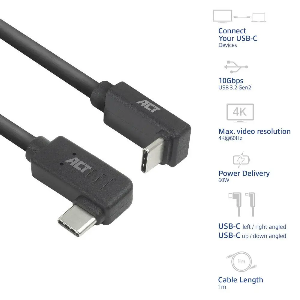 ACT Кабел USB-C - USB-C, 10Gbps, 60W, 1 m, конектори 90° left/right, up/down angled - image 1