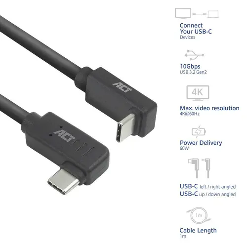 ACT Кабел USB-C - USB-C, 10Gbps, 60W, 1 m, конектори 90° left/right, up/down angled - image 1