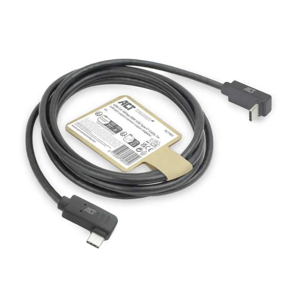 ACT Кабел USB-C - USB-C, 10Gbps, 60W, 1 m, конектори 90° left/right, up/down angled - image 6