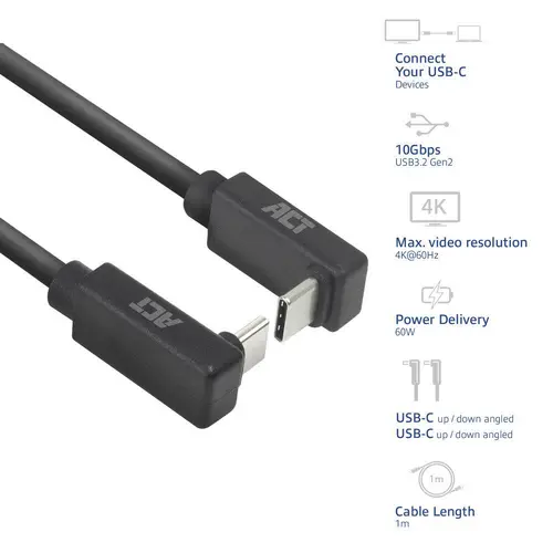ACT Кабел USB-C 10Gbps, 60W, 1м, конектори на 90° up/down angled - image 1