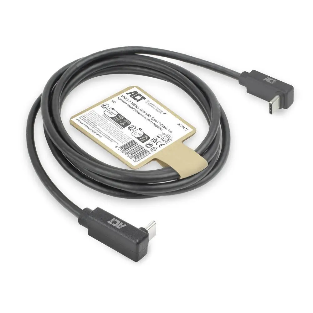 ACT Кабел USB-C 10Gbps, 60W, 1м, конектори на 90° up/down angled - image 6
