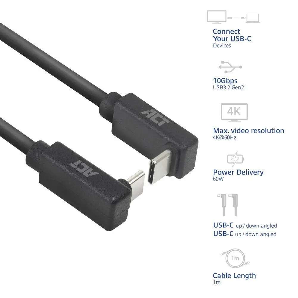 ACT Cablu USB-C 10Gbps, 60W, 0.5m, conectori la 90° sus/jos în unghi - image 1