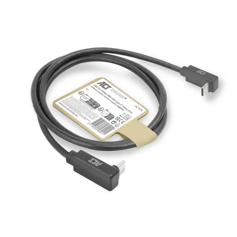 ACT Кабел USB-C 10Gbps, 60W, 0.5м, конектори на 90° up/down angled - image 6