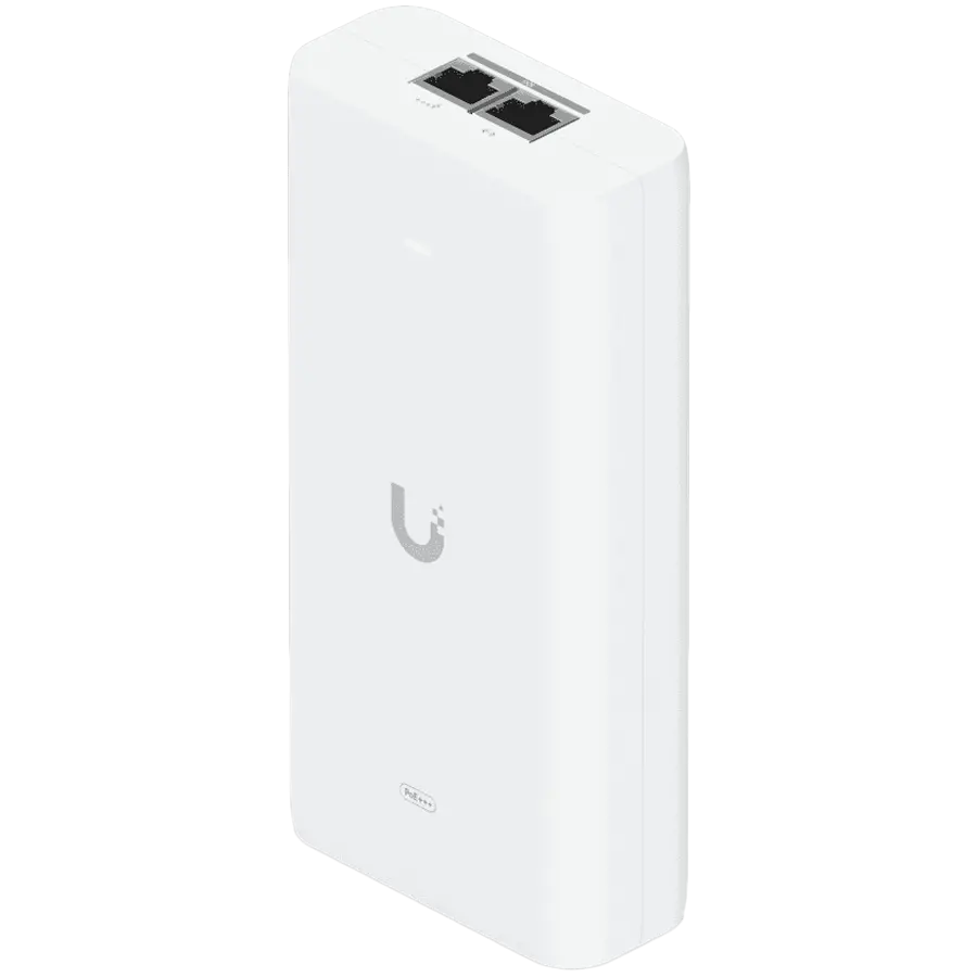 Ubiquiti UniFi 10G PoE+++ Adapter (90W), can power UniFi PoE+++ devices, reduce dependency on PoE switch power, and provide a Multi-Gigabit LAN connection, Contains RJ45 data input, AC cable with earth ground, and PoE+++ output