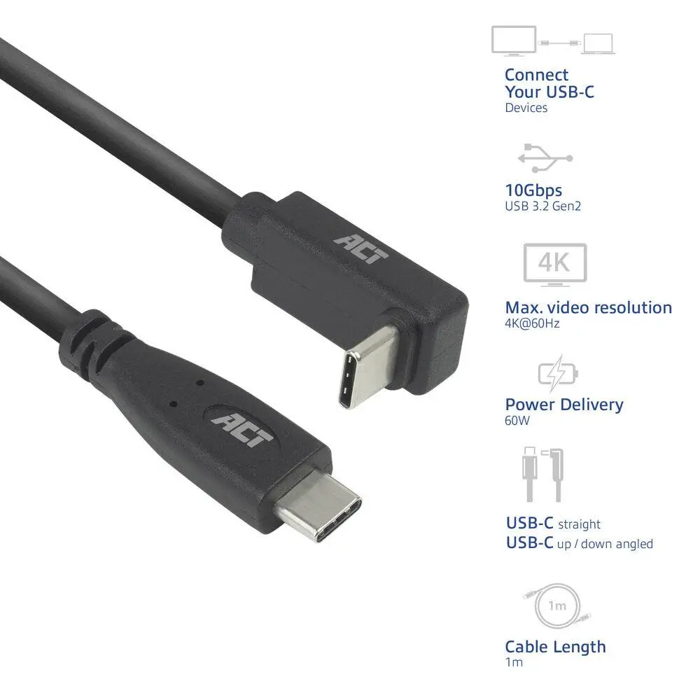 ACT Кабел USB-C - USB-C, 10Gbps, 60W, 1 м, конектори - 1 x прав и 1 x на 90° up/down angled - image 1