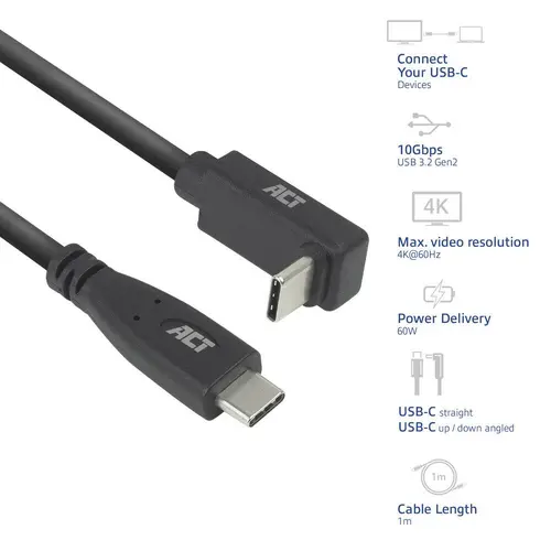 ACT Кабел USB-C - USB-C, 10Gbps, 60W, 1 м, конектори - 1 x прав и 1 x на 90° up/down angled - image 1