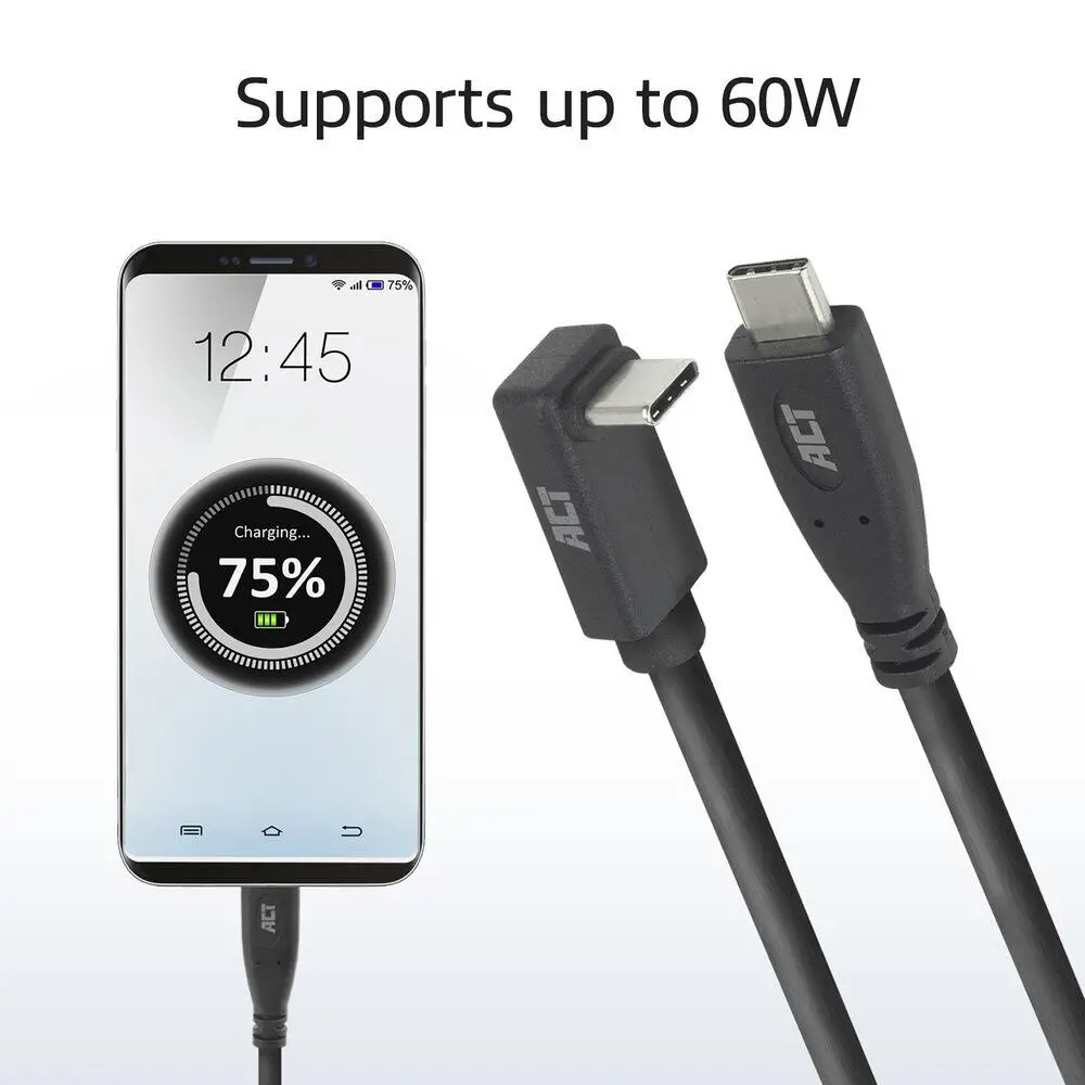 ACT Кабел USB-C - USB-C, 10Gbps, 60W, 1 м, конектори - 1 x прав и 1 x на 90° up/down angled - image 3
