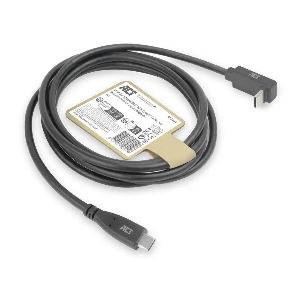 ACT Кабел USB-C - USB-C, 10Gbps, 60W, 1 м, конектори - 1 x прав и 1 x на 90° up/down angled - image 6