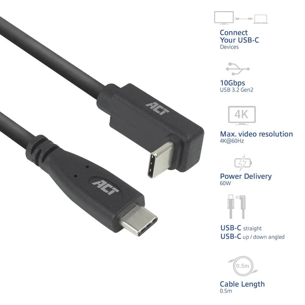 ACT Кабел USB-C - USB-C, 10Gbps, 60W, 0.5 м, конектори - 1x прав и 1x на 90° up/down angled - image 1