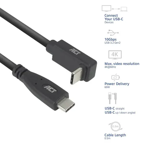 ACT Кабел USB-C - USB-C, 10Gbps, 60W, 0.5 м, конектори - 1x прав и 1x на 90° up/down angled - image 1