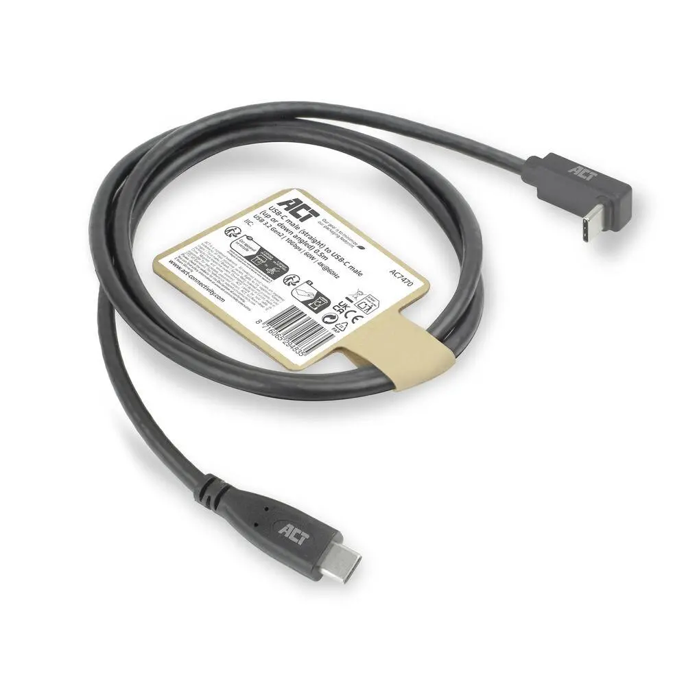 ACT Кабел USB-C - USB-C, 10Gbps, 60W, 0.5 м, конектори - 1x прав и 1x на 90° up/down angled - image 6