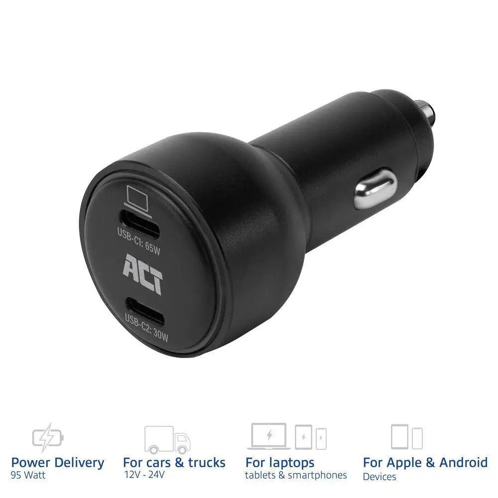 ACT Бързо зарядно за кола 95W 2x USB-C, PD, GAN, 12-24V - image 1