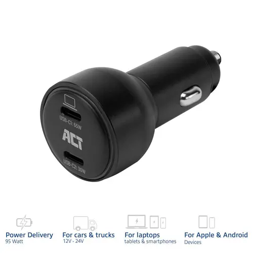 ACT Бързо зарядно за кола 95W 2x USB-C, PD, GAN, 12-24V - image 1