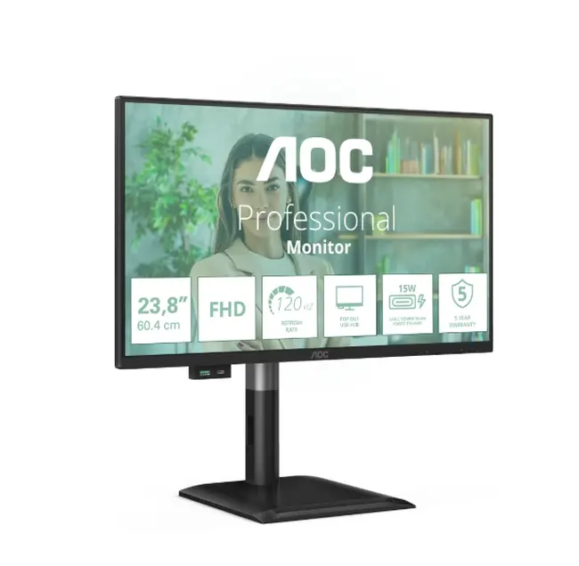 Монитор, AOC 24P4U, 23.8" IPS WLED, 1920x1080@120Hz, 4ms GtG, 300cd m/2, 1500:1, 20M:1, Adaptive Sync, Anti Blue Light, FlickerFree, 2Wx2, Tilt, Height Adjust, Pivot, Swivel, D-SUB, HDMI, DP, USB hub - image 1