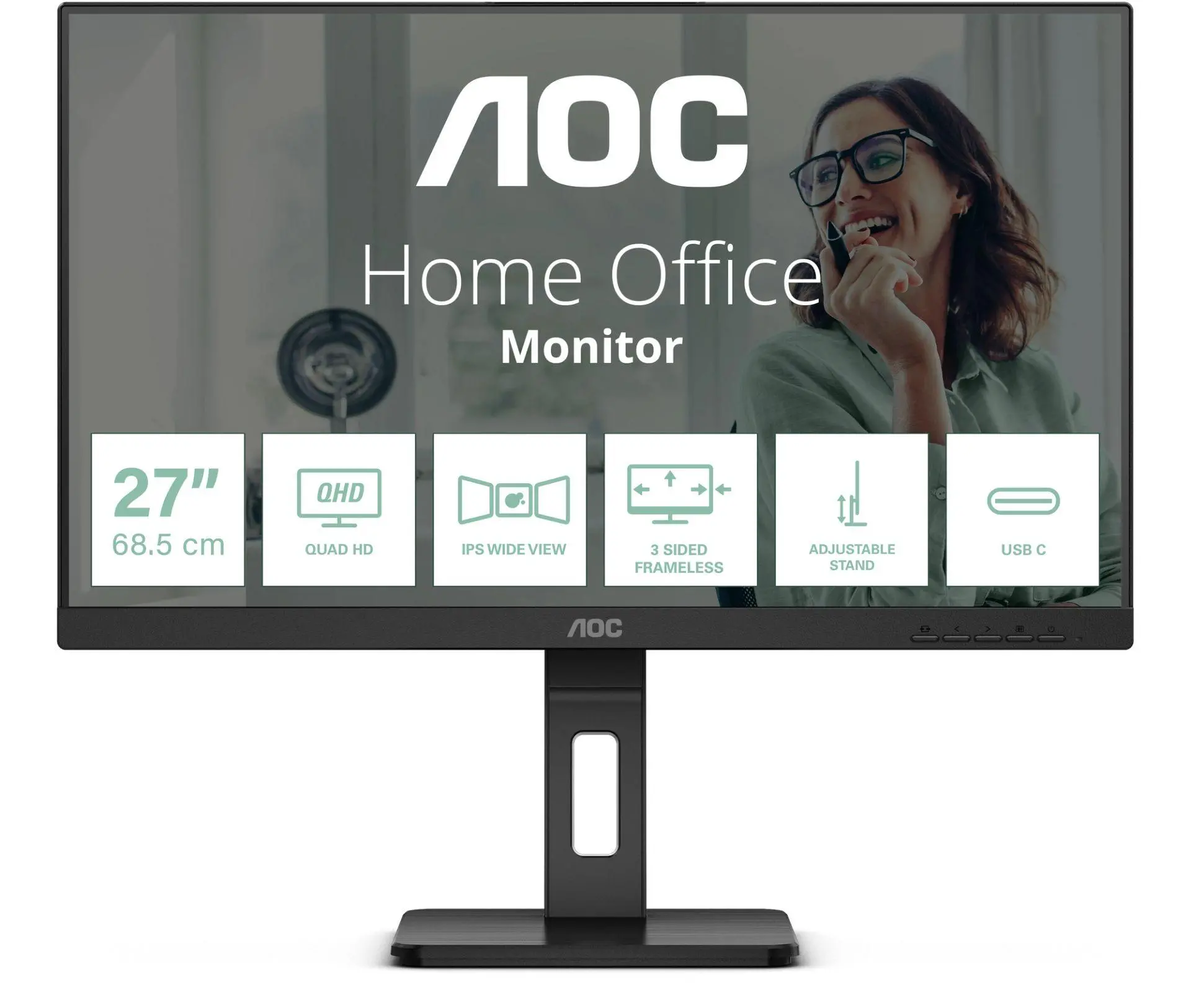 Монитор, AOC Q27P3CV, 27" IPS WLED, 2560x1440@100Hz, 4ms GtG, 350cd m/2, 1000:1, DCR 50M:1, Adaptive Sync, FlickerFree,Low Blue Light, 2Wx2, Tilt, Height Adjust, Pivot, Swivel, 2xHDMI, DP, USB hub, RJ45
