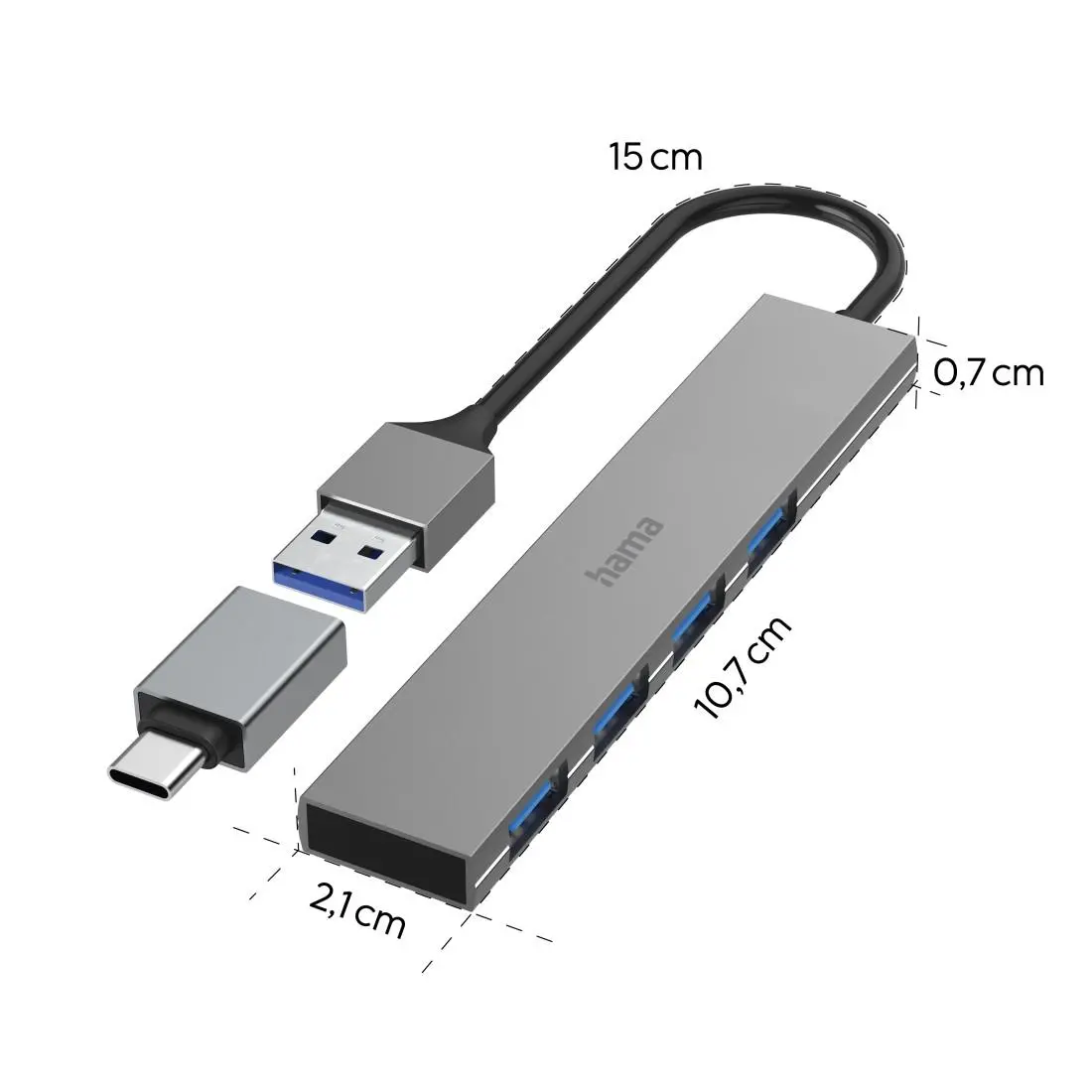 HAMA USB хъб, 4 порта, USB 3.2 Gen 1, 5 Gbit/s, ултратънък, вкл. USB-C адаптер - image 5