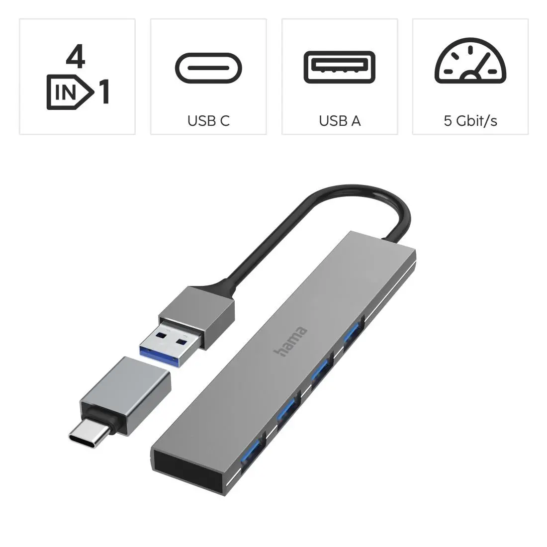 HAMA USB хъб, 4 порта, USB 3.2 Gen 1, 5 Gbit/s, ултратънък, вкл. USB-C адаптер - image 7
