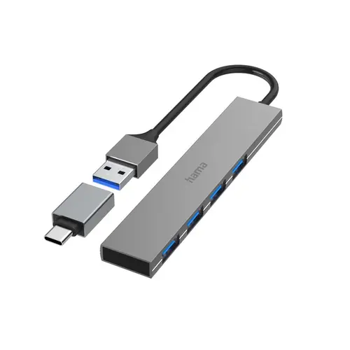 HAMA USB hub, 4 θύρες, USB 3.2 Gen 1, 5 Gbit/s, εξαιρετικά λεπτό, συμπ. αντάπτορα USB-C - 1