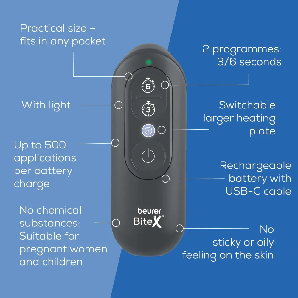 Машинка за ухапвания от насекоми, Beurer BR 115 BiteX Max Graphite Grey Insect bite healer with no chemical additives, anti itching, inflammation & swelling, 2 different programmes, light, rechargeable, larger heat area with optional
