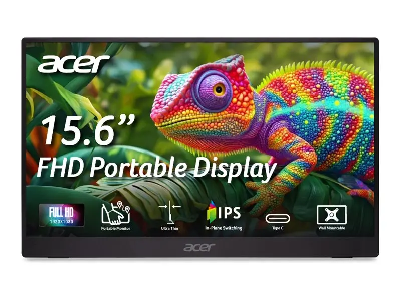 Монитор, Acer PM161QB1bmiuux, 15.6'' FHD (1920x1080), IPS, 60Hz, 4ms (GTG), 100M:1, 250 nits, AdaptiveSync, HDMI 1.4, 2x USB Type-C, Audio Out, 2x1W Speakers, BlueLightShield, Portable, Kickstand, VESA, Energy Class D, Black, 2Y