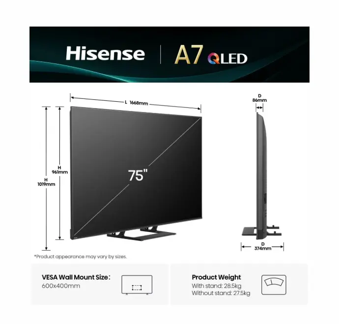 Телевизор, Hisense 75" A7Q, 4K Ultra HD 3840x2160, QLED, HDR 10+, HLG, Dolby Vision, Dolby Atmos, Smart TV, Light Sensor, WiFi Direct, BT, Anyview Cast, 3xHDMI, 2xUSB, LAN, CI+, DVB-T2/C/S2, Black - image 1