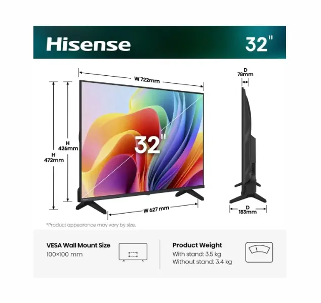 Телевизор, Hisense 32" A4S, HD 1366x768,3000:1, DLED, HLG, DTS Virtual X, Smart TV, WiFi, WiFi Direct, BT, VIDAA U7,Anyview Cast, 2xHDMI, 2xUSB, LAN, CI+, DVB-T2/C/S2, Black - image 1
