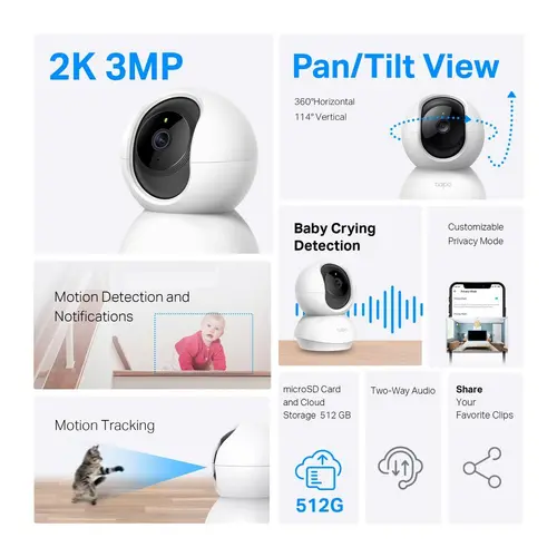Охранителна WiFi камера TP-Link Tapo C210P2, 360°, Pan/Tilt - 2 Броя - image 2