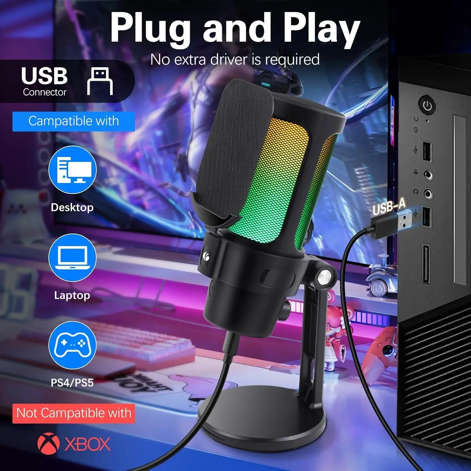VCom Геймърски микрофон Gaming USB Microphone - VCOM-M902 Black - USB, RGB - image 12